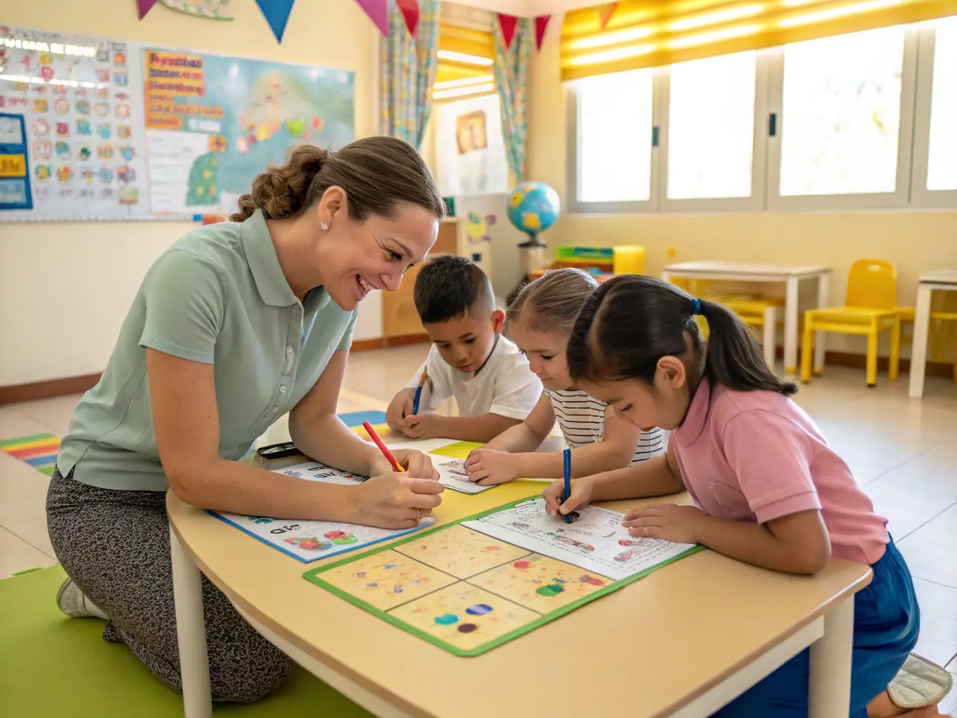 A teacher engaging with a small group of children during a hands-on learning activity, showcasing the personalized attention and small class sizes at The Goddard School.
