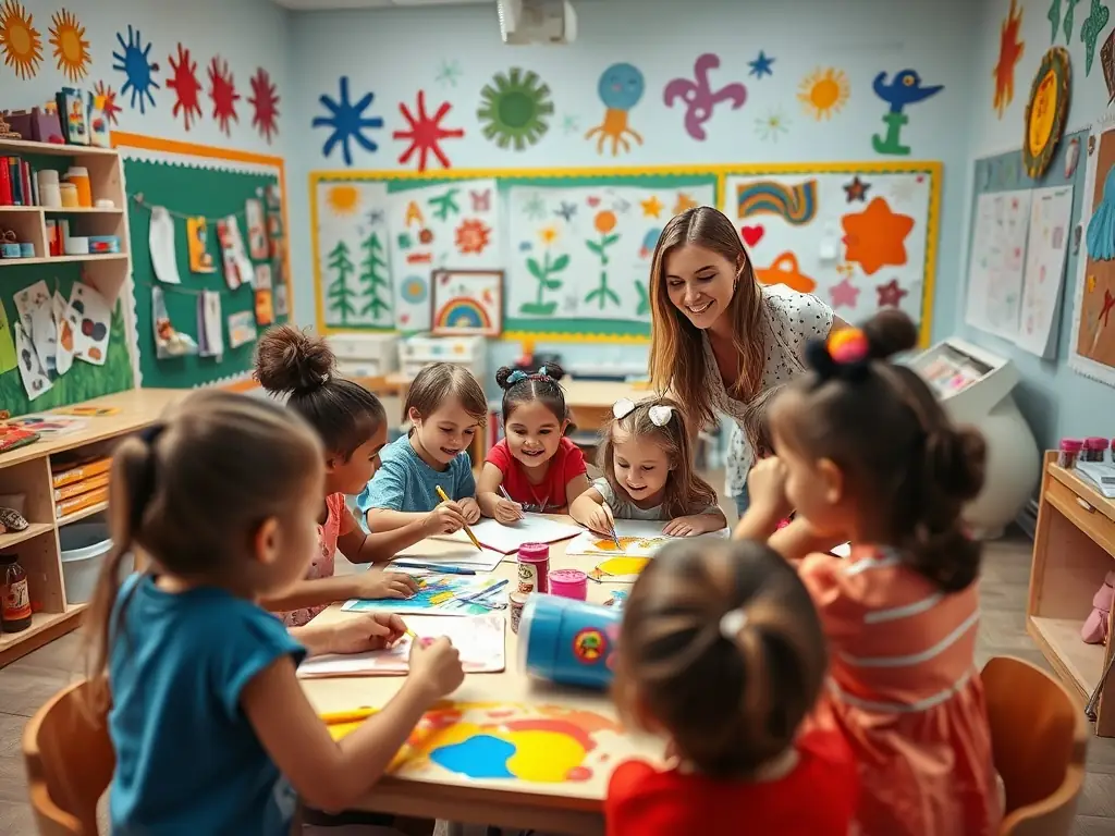 A lively pre-kindergarten classroom with children participating in activities like painting, writing, and group projects, highlighting creativity, problem-solving, and preparation for kindergarten.
