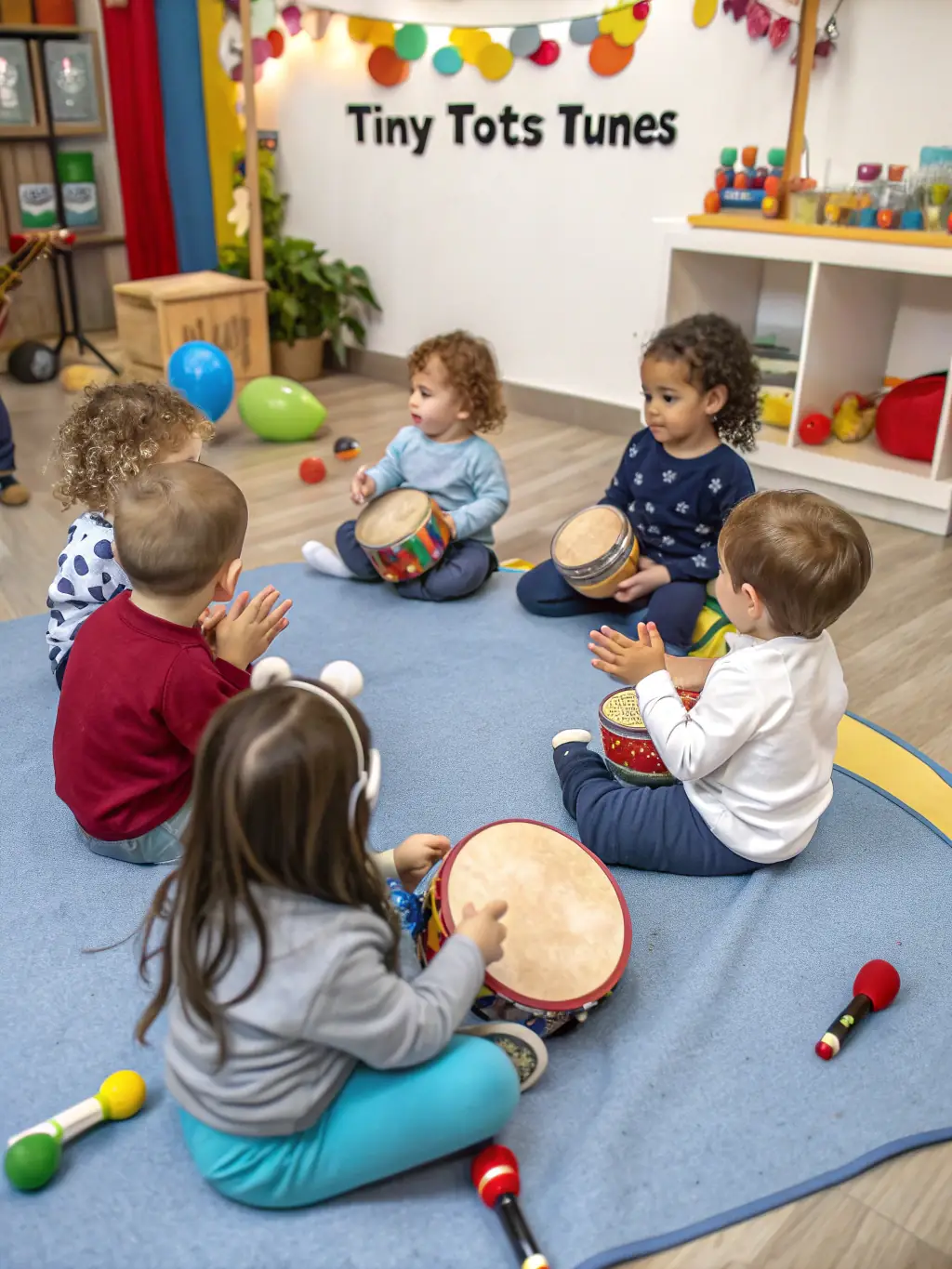 Toddlers participating in a music and movement class, playing with instruments and dancing with a teacher at The Goddard School.