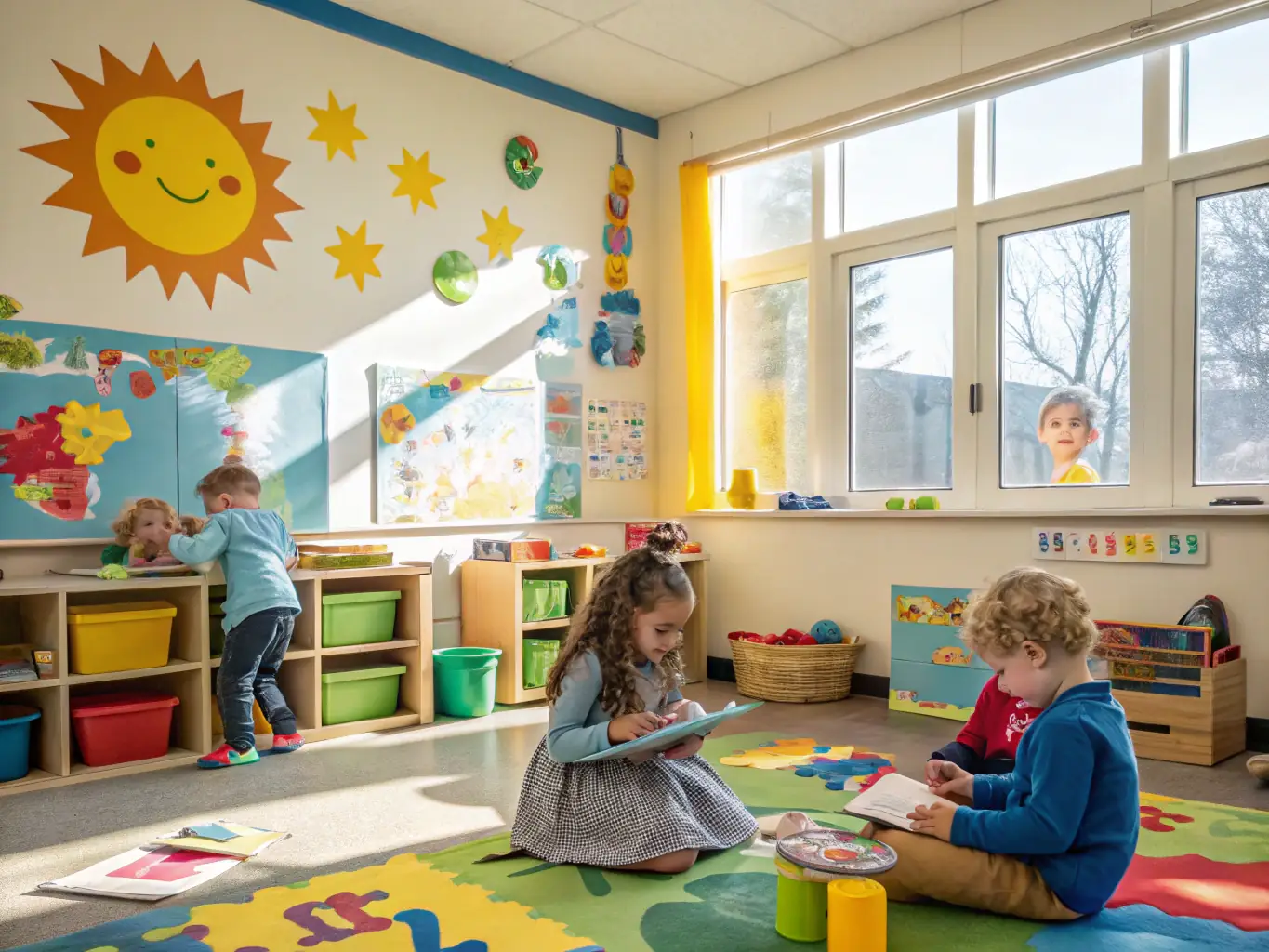 A group of young children laughing and playing together in a colorful, well-equipped classroom at The Goddard School, emphasizing the nurturing environment and play-based learning.
