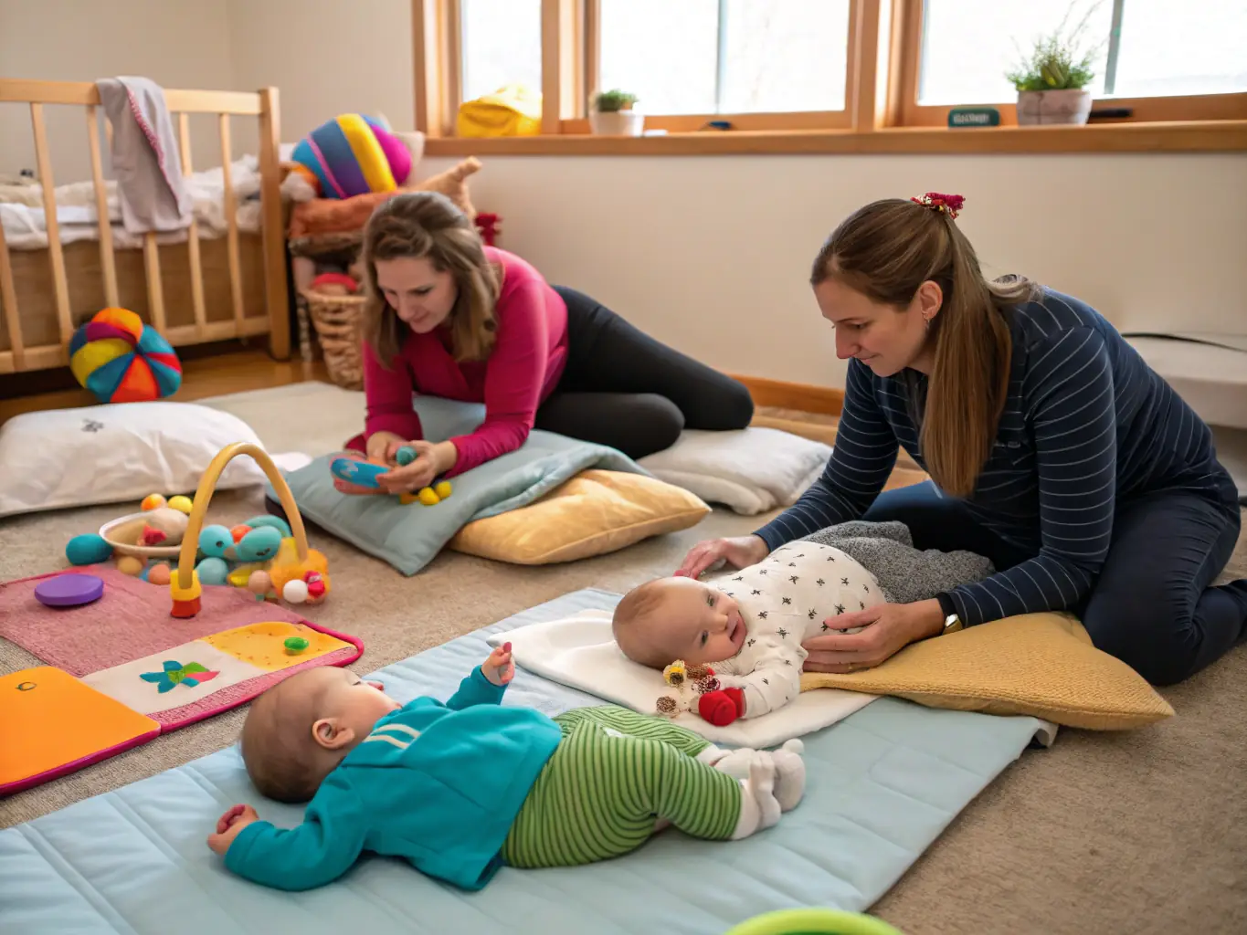 A brightly lit, cheerful infant classroom with soft mats, age-appropriate toys, and a caregiver interacting gently with a baby, focusing on sensory exploration and early language development.