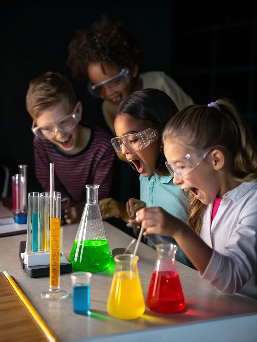Pre-kindergarten students participating in a science experiment, conducting tests and making observations with a teacher at The Goddard School.