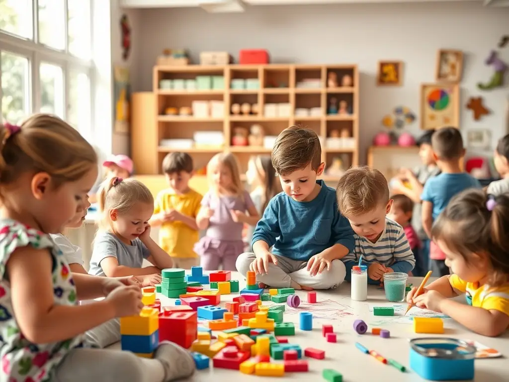 A vibrant toddler classroom with children engaged in various activities such as building blocks, reading books, and playing with puzzles, emphasizing social interaction and cognitive development.