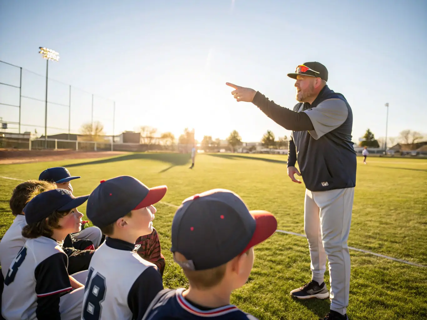 Children participating in a baseball training session with Leland Maddox, focusing on teamwork, discipline, and athletic skill development at The Goddard School.